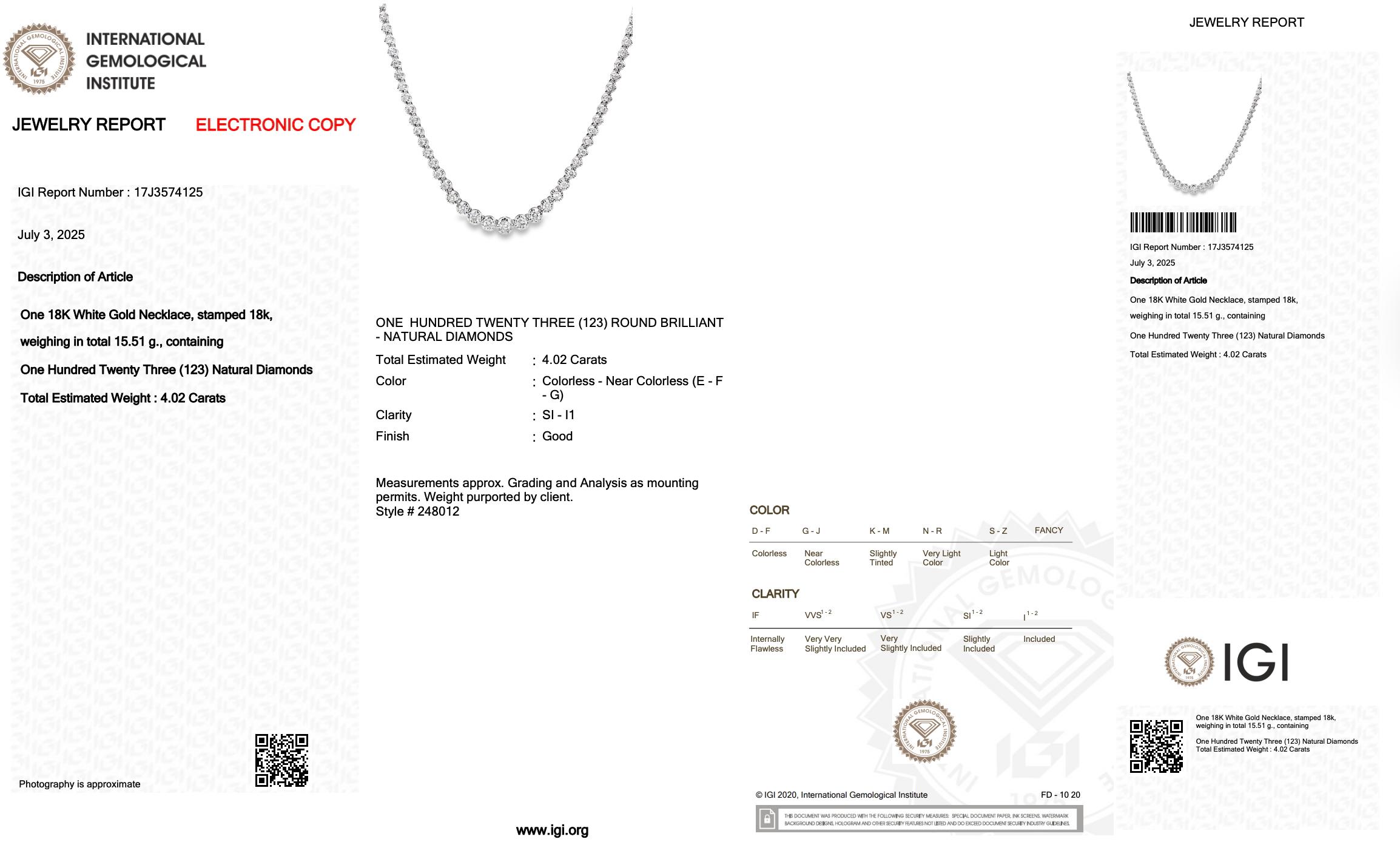 Donna Sofisticata collana di diamanti naturali da 4,02 carati in oro bianco 18 carati - Certificato IGI in vendita