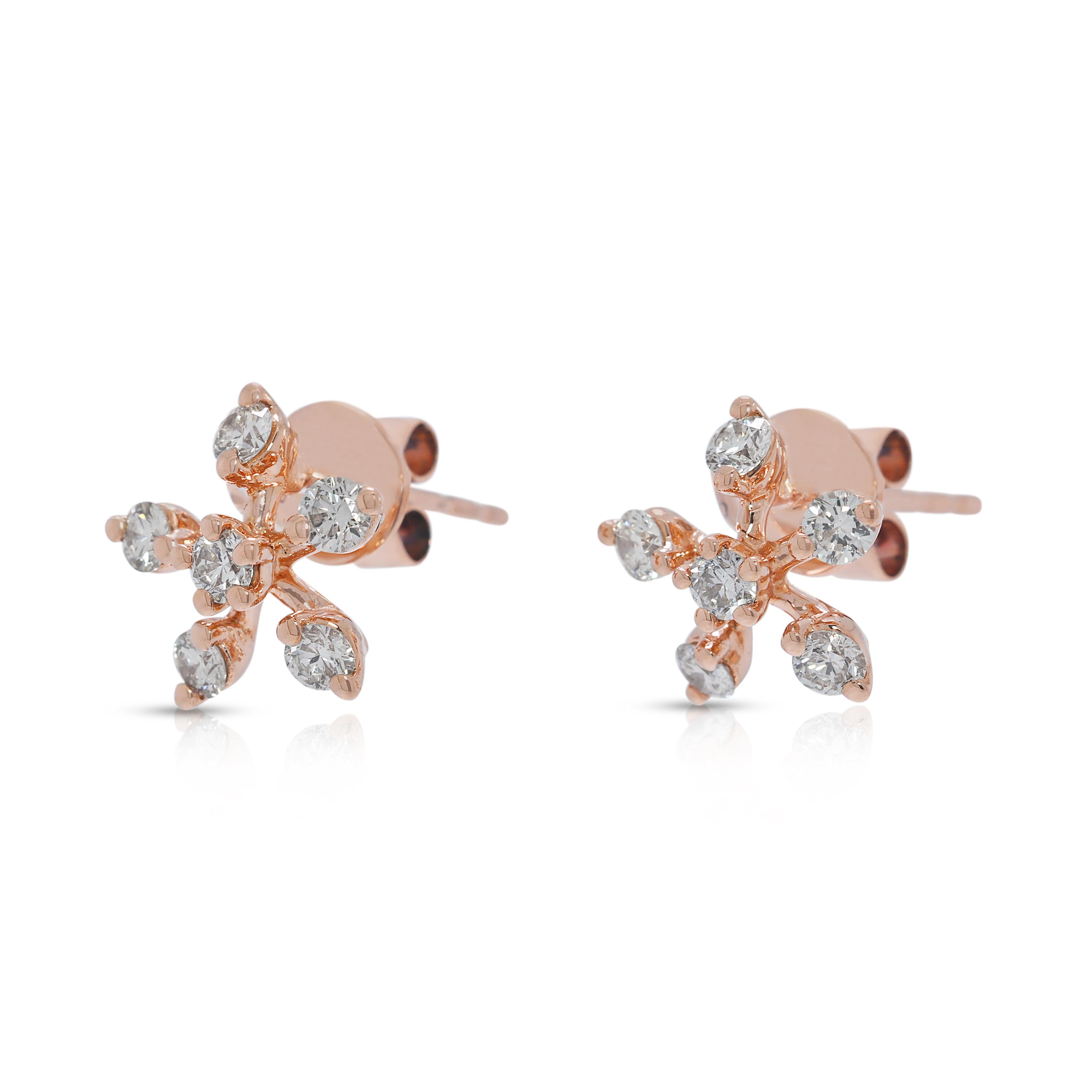 Elegance, orecchini a perno con fiori di diamante naturale da 0,30 carati in oro rosa 14 carati In condizioni ottime in vendita a רמת גן, IL
