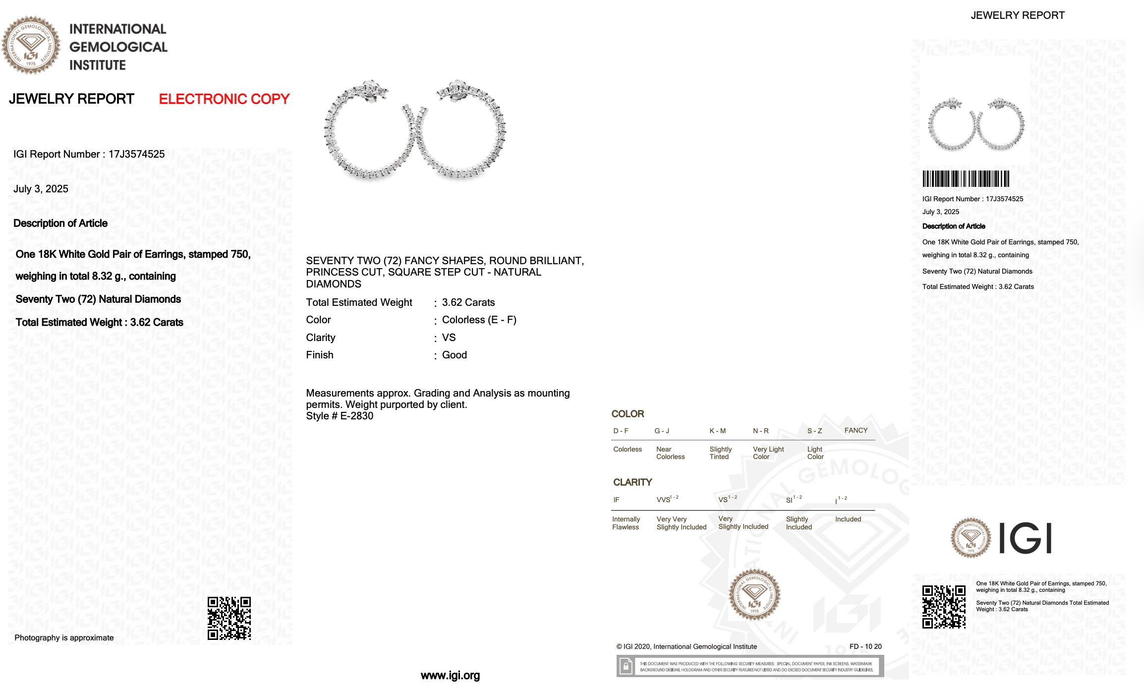 Orecchini a cerchio con diamanti brillanti da 3,62 carati in oro bianco 18 carati - certificati IGI in vendita 1