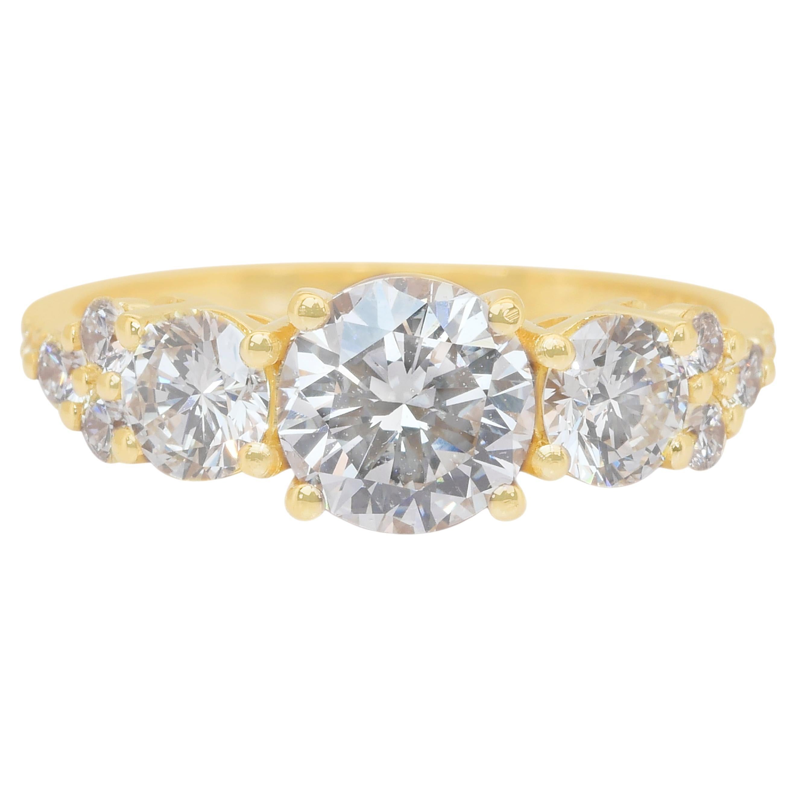 Éblouissante bague à 3 pierres en or jaune 18 carats de 2,17 ct de diamants - certifiée IGI