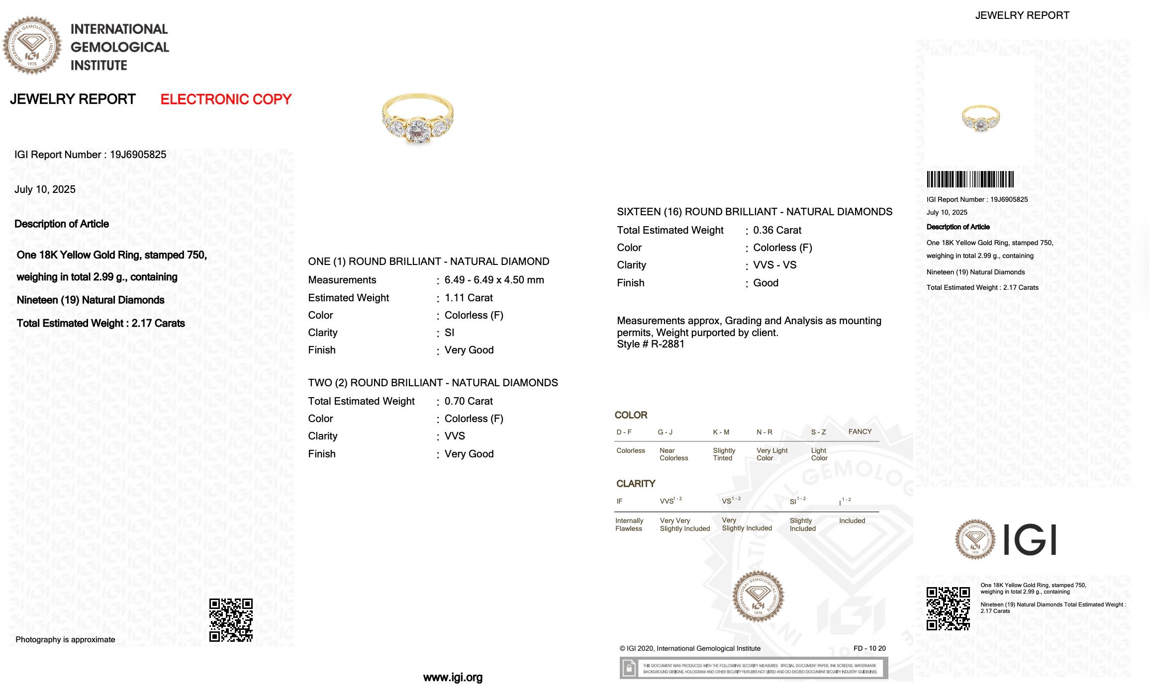 Éblouissante bague à 3 pierres en or jaune 18 carats de 2,17 ct de diamants - certifiée IGI Pour femmes en vente