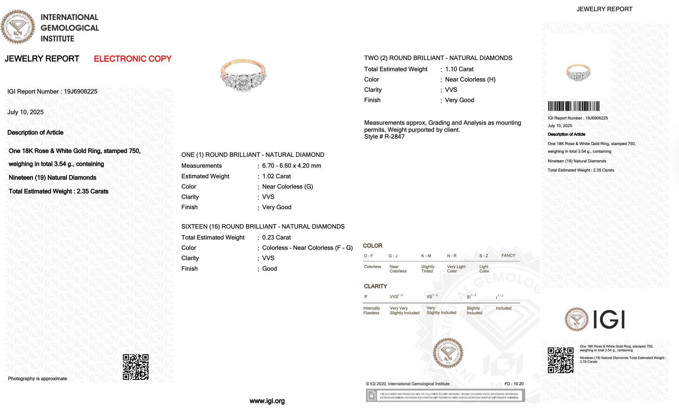 Luxueuse bague à 3 pierres en or rose et blanc 18 carats de 2,35 ct de diamants - certifiée IGI en vente 1