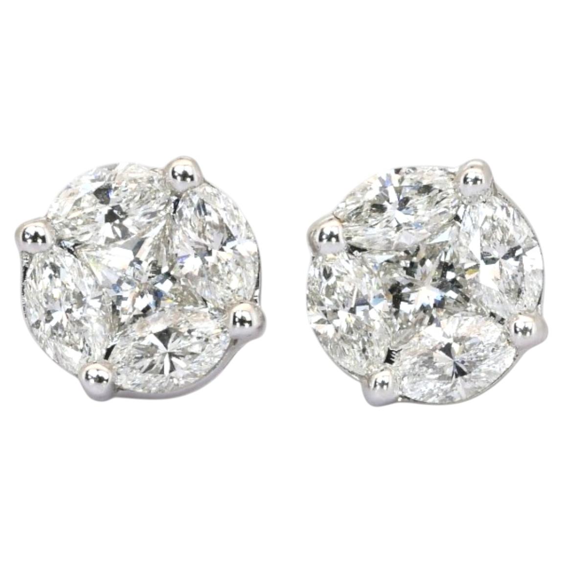 Orecchini a bottone con diamanti naturali da 1,40 carati, certificati IGI, in oro bianco 18 carati