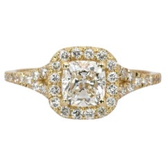 Anillo halo de diamantes de 1,39 quilates, certificado por el GCI, en oro amarillo de 18 quilates