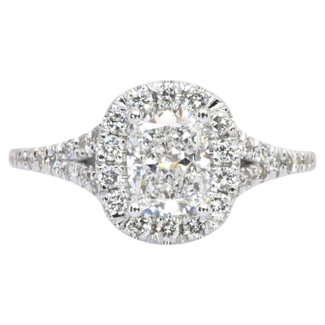 1.41 Carats IGI Certified 18k White Gold Natural Diamond Halo Ring