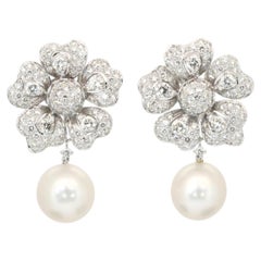 29.01 Carats IGI Certified 18k White Gold Cultured Pearl & Diamond Drop Earrings