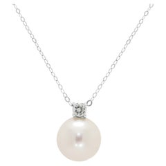 Elegant 9mm White Pearl and 0.10ct Natural Diamond Pendant Necklace