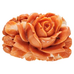 Exquisite Carved Orange-Red Coral Rose Brooch in 14K Rose Gold