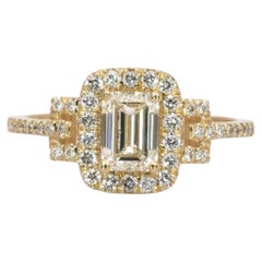 1.24 Carats IGI Certified 18k Yellow Gold Natural Diamond Emerald Cut Halo Ring