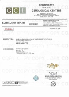 2.02 Carats GCI Certified 18k Yellow Gold Natural Diamond Stud Earrings