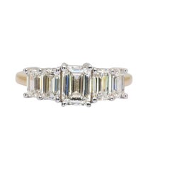 2.43 Carats IGI-Certified 18k Yellow & White Gold Diamond Emerald Cut Five Ring