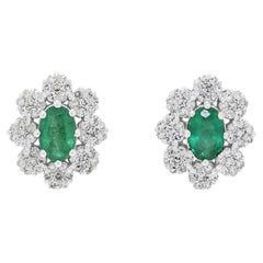 Exquisite 0.60ct Emerald and 0.56ct Natural Diamonds Floral Halo Stud Earrings