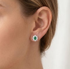 Exquisite 0.60ct Emerald and 0.56ct Natural Diamonds Floral Halo Stud Earrings