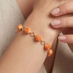 Exquisite Carved Orange-Red Coral Blooming Rose Link Bracelet in 14K Rose Gold