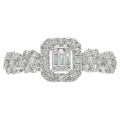 Sophisticated 0.95ct Round and 0.10ct Baguette Diamond Halo Ring