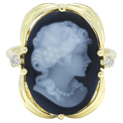 nchanting Carved Blue Agate Cameo and 0.06ct Natural Diamond Ring