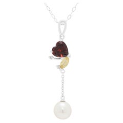 Delicate 0.60ct Garnet, 0.10ct Citrine and Pearl Drop Pendant Necklace