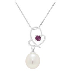 Charming Pearl & 0.12ct Garnet Open Heart Drop Pendant Necklace