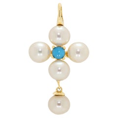 Enchanting Pink Akoya Pearl & Blue Turquoise Cross Drop Pendant in 14K Rose Gold