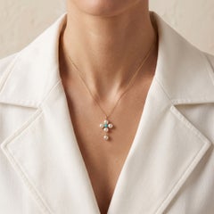 Enchanting Pink Akoya Pearl & Blue Turquoise Cross Drop Pendant in 14K Rose Gold