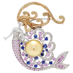 Enchanting 1.83ct Sapphire and South Sea Pearl Mermaid Pendant/Brooch