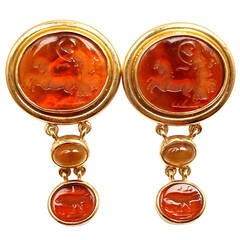 Vintage Elizabeth Locke Venetian Glass Intaglio Citrine Yellow Gold Earrings