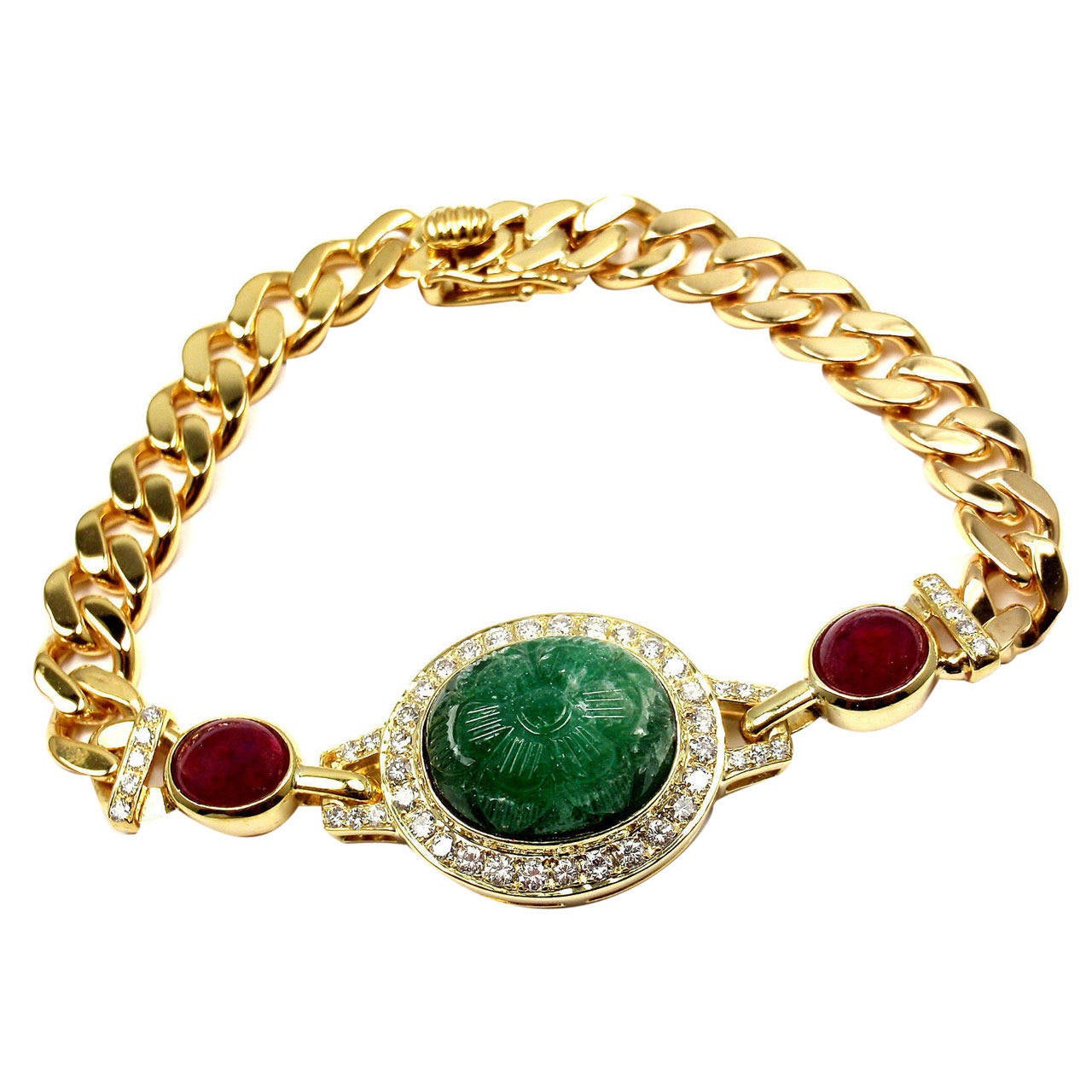 Van Cleef & Arpels Carved Emerald Diamond Ruby Gold Bracelet