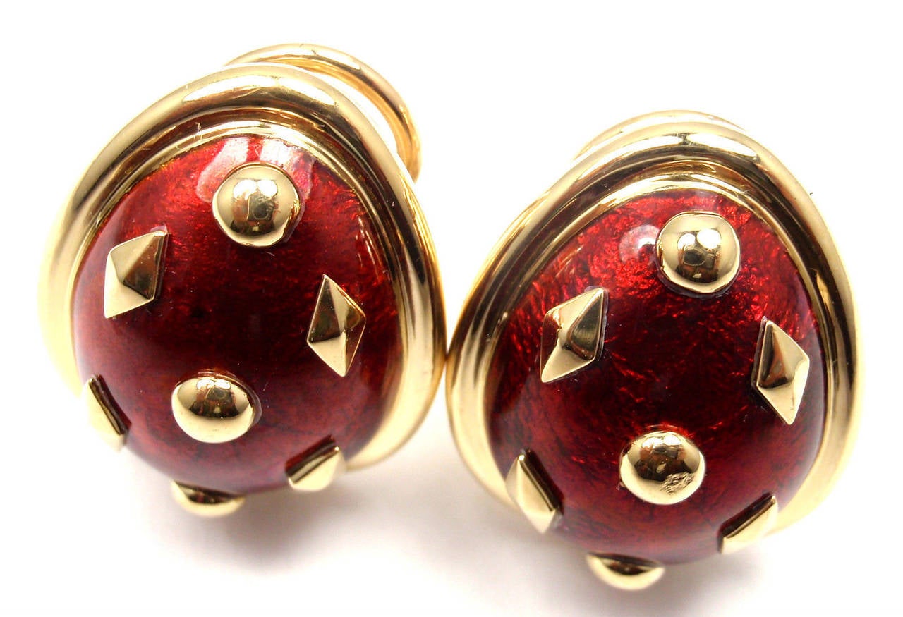 18k Yellow Gold Red Enamel Jean Schlumberger Earrings designed for Tiffany & Co. These earrings are made for pierced ears.

Details:
Measurements: 22mm x 18mm
Weight: 20.8 grams
Stamped Hallmarks: Tiffany&Co Schlumberger  750 
*Free Shipping