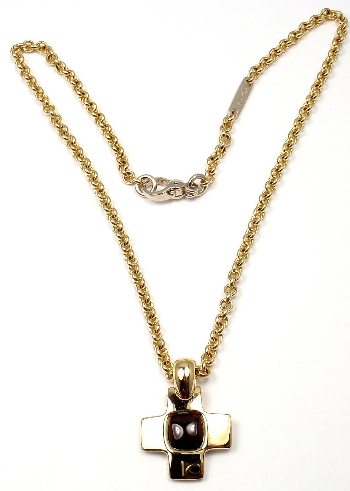 Pomellato Garnet Cross Pendant Gold Link Necklace In New Condition In Southampton, PA