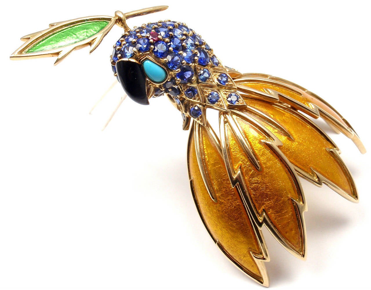 Women's Tiffany & Co. Schlumberger Enamel Ruby Sapphire Turquoise Gold Parrot Brooch