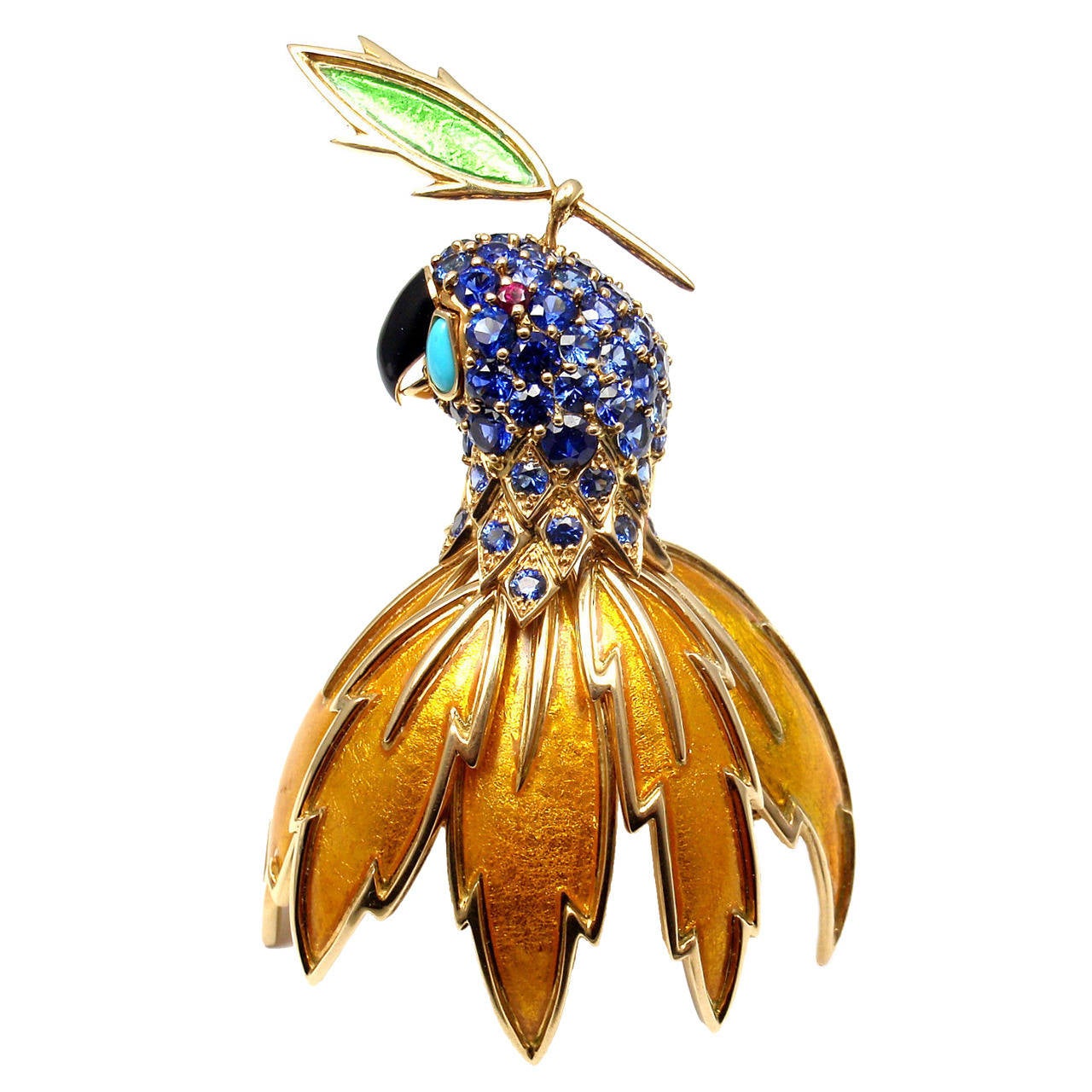 Tiffany & Co. Schlumberger Enamel Ruby Sapphire Turquoise Gold Parrot Brooch