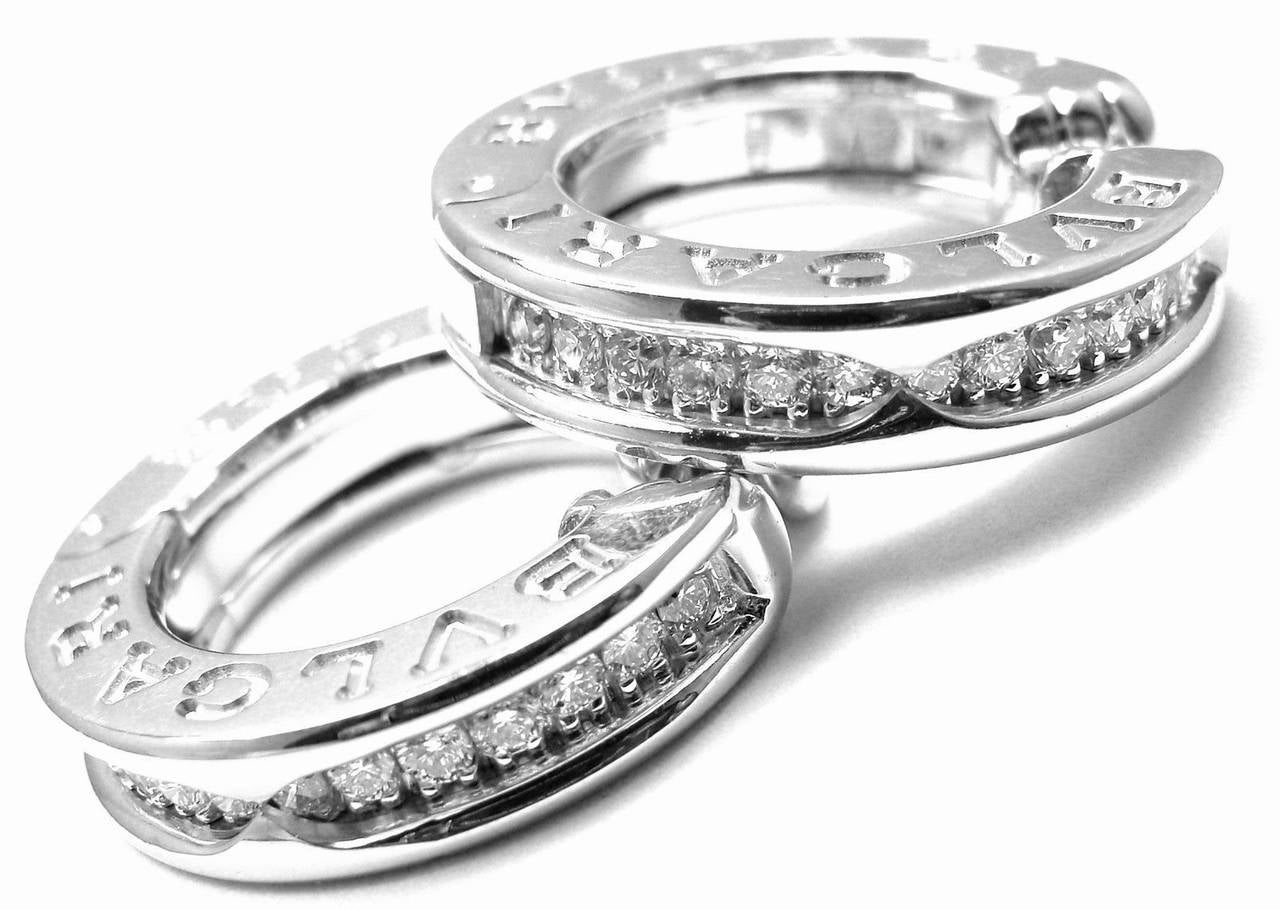 18k White Gold Diamond B.ZERO1 Hoop Earrings by Bulgari. 
With 26 round brilliant cut diamonds VS1 clarity G color total weight approx. .50ct

Details:
Measurements: 20mm x 5mm
Weight: 14.7 grams
Stamped Hallmarks: Bvlgari 750 Made In