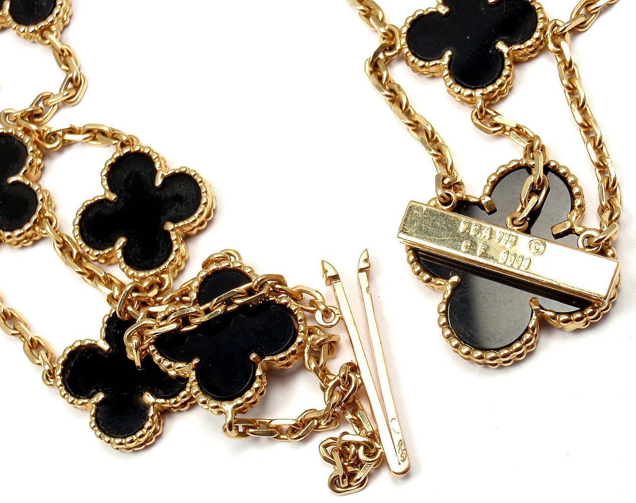 Women's Van Cleef & Arpels Onyx Vintage Alhambra 29 Motifs 3 Row Yellow Gold Necklace