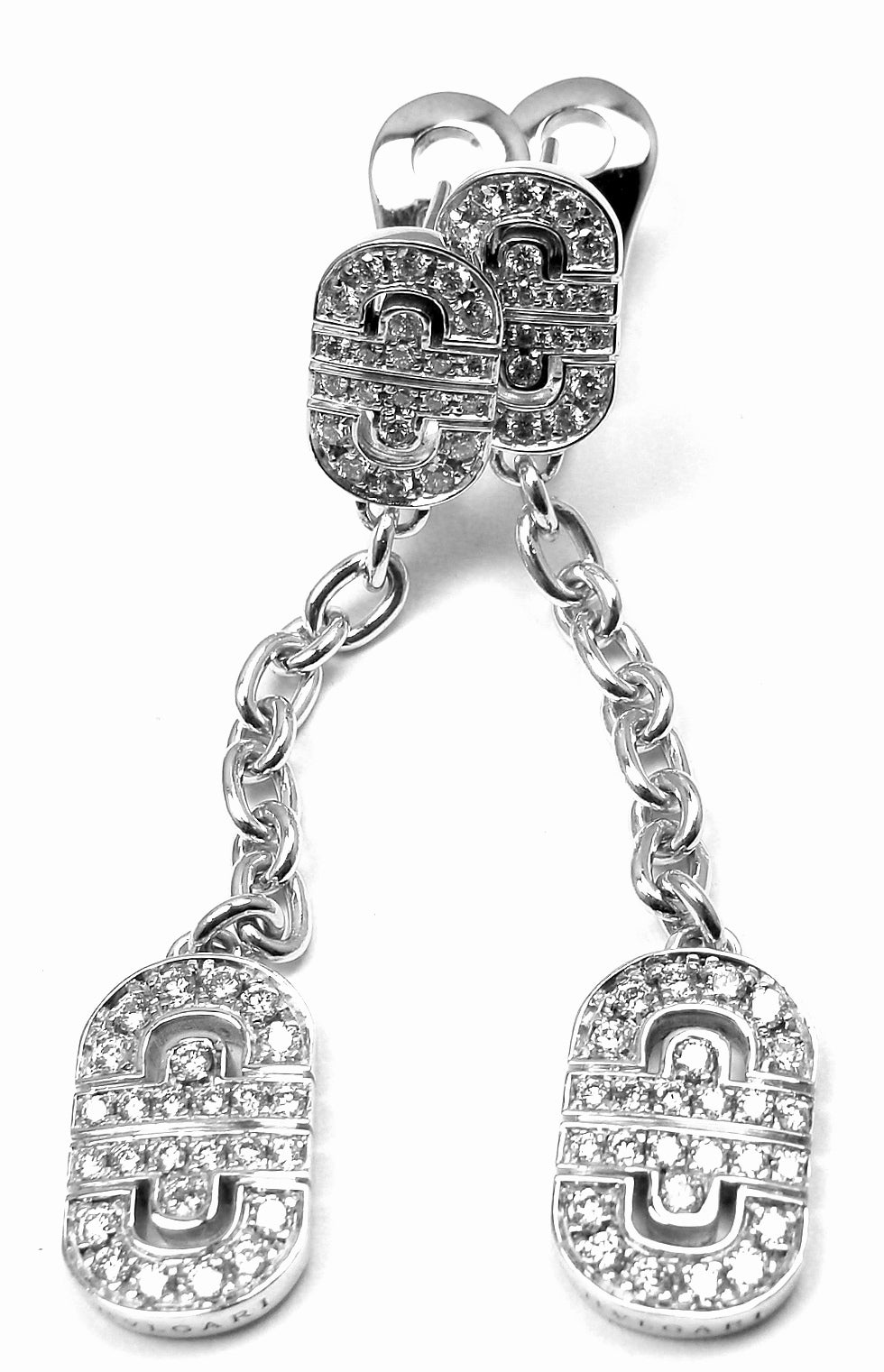 18k White Gold Diamond Parentesi Drop Earrings by Bulgari. 
With 96 round brilliant cut diamonds VS1 clarity G color total weight approx. 2ct

Details:
Measurements: 2