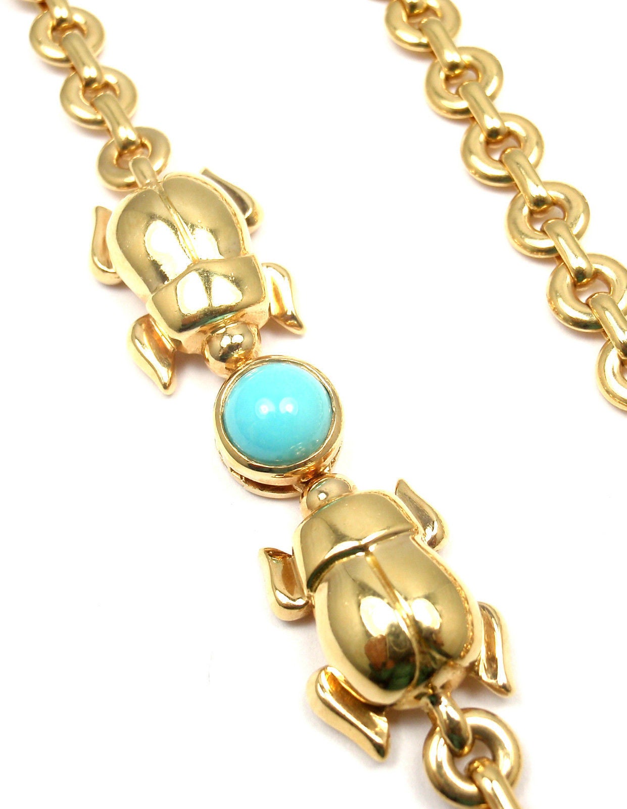 Cartier Turquoise Coral Scarab Two Row Gold Link Necklace In New Condition In Holland, PA