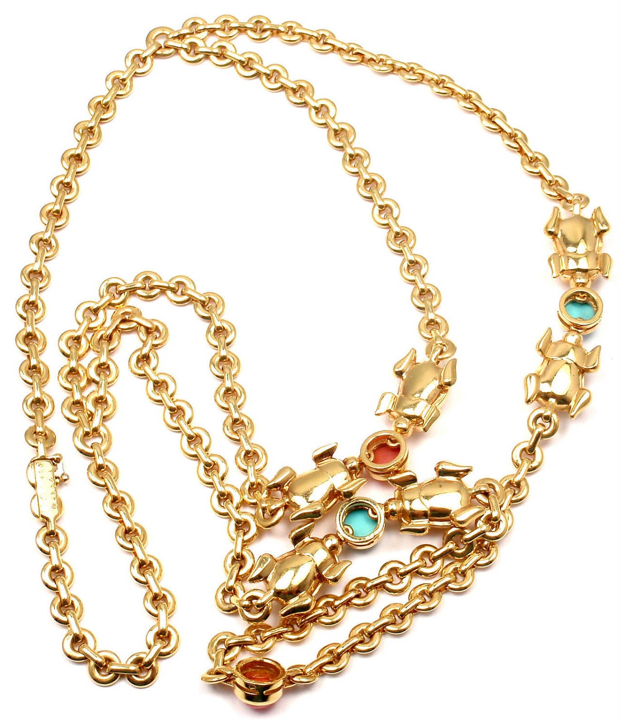 Cartier Turquoise Coral Scarab Two Row Gold Link Necklace 1