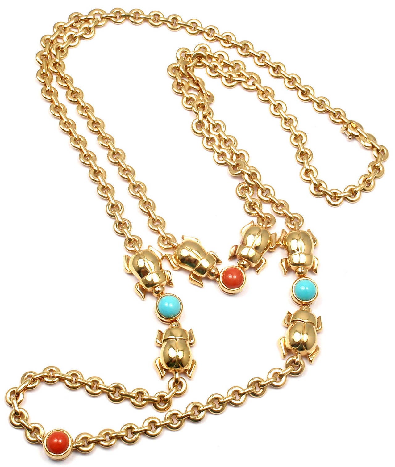 Cartier Turquoise Coral Scarab Two Row Gold Link Necklace 2