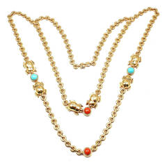 Retro Cartier Turquoise Coral Scarab Two Row Gold Link Necklace
