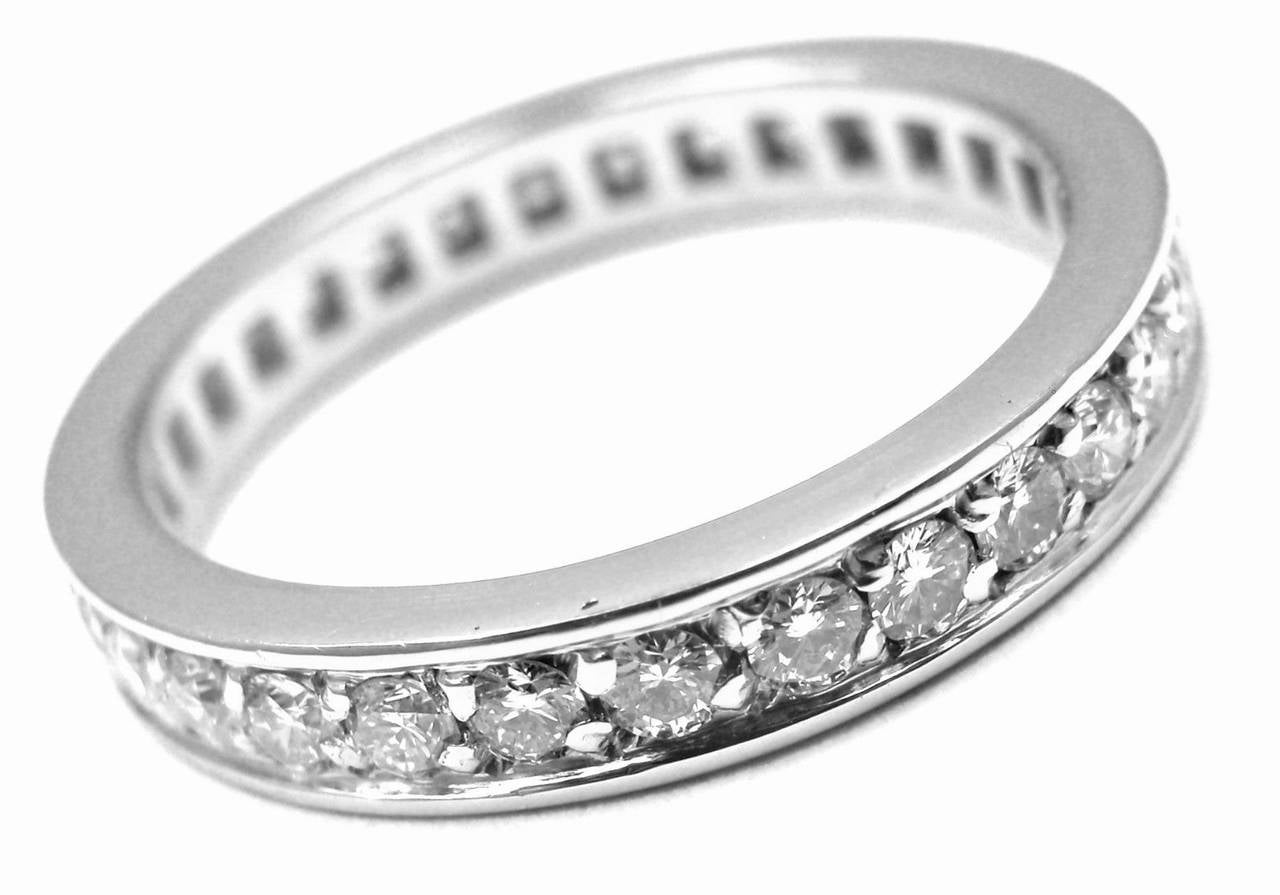 Platinum Diamond Eternity Wedding Band by Bulgari. 
With 30 round brilliant cut diamonds VS1 clarity, G color total 
weight approx. .75ct
This ring comes with an original Bulgari box. 

Details: 
Size: 5.5
Weight: 4.7 grams
Width: