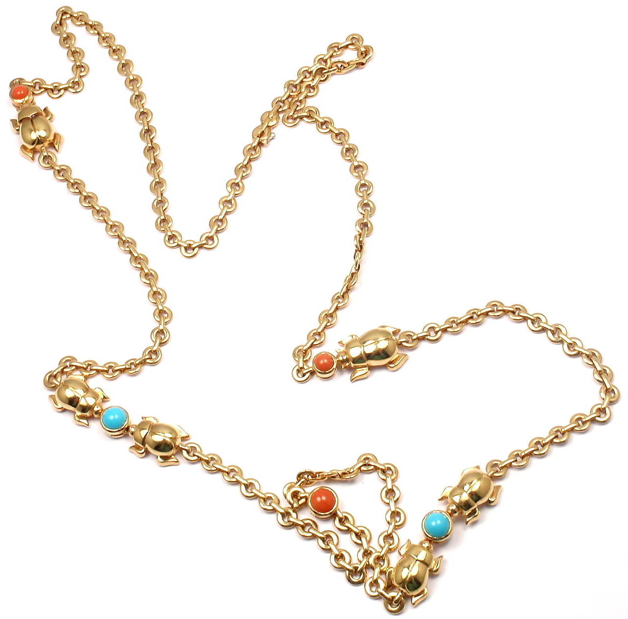 Women's Cartier Turquoise And Coral Scarab Gold Link Necklace