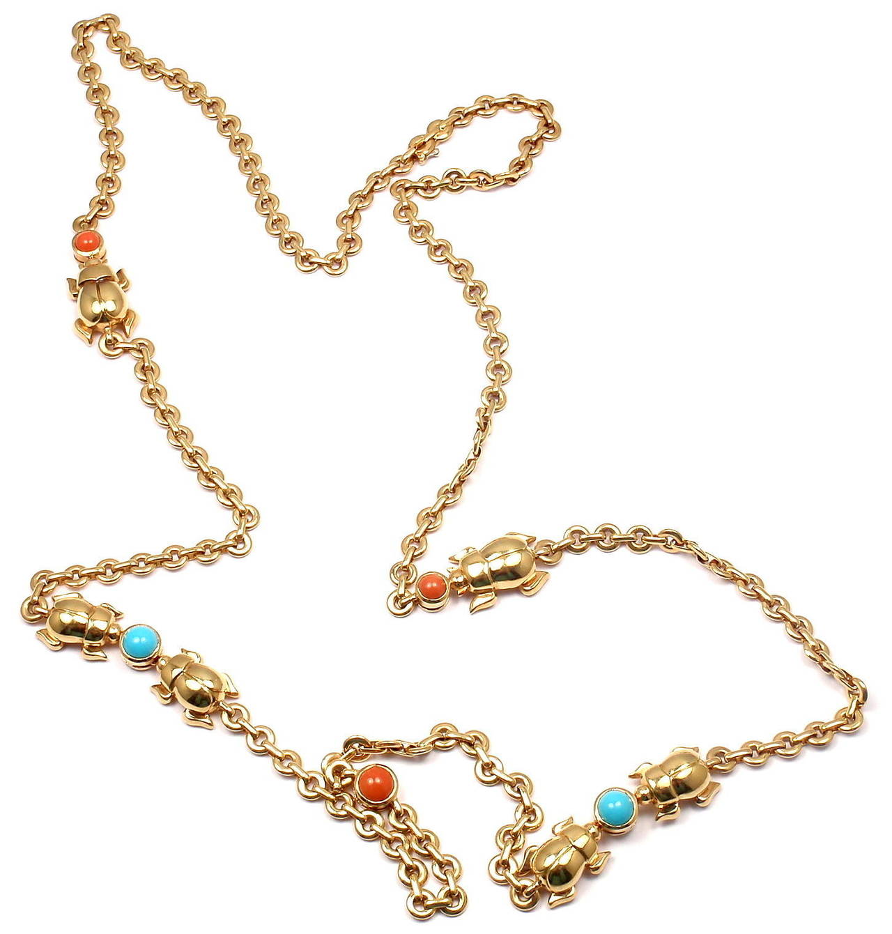 Cartier Turquoise And Coral Scarab Gold Link Necklace 1