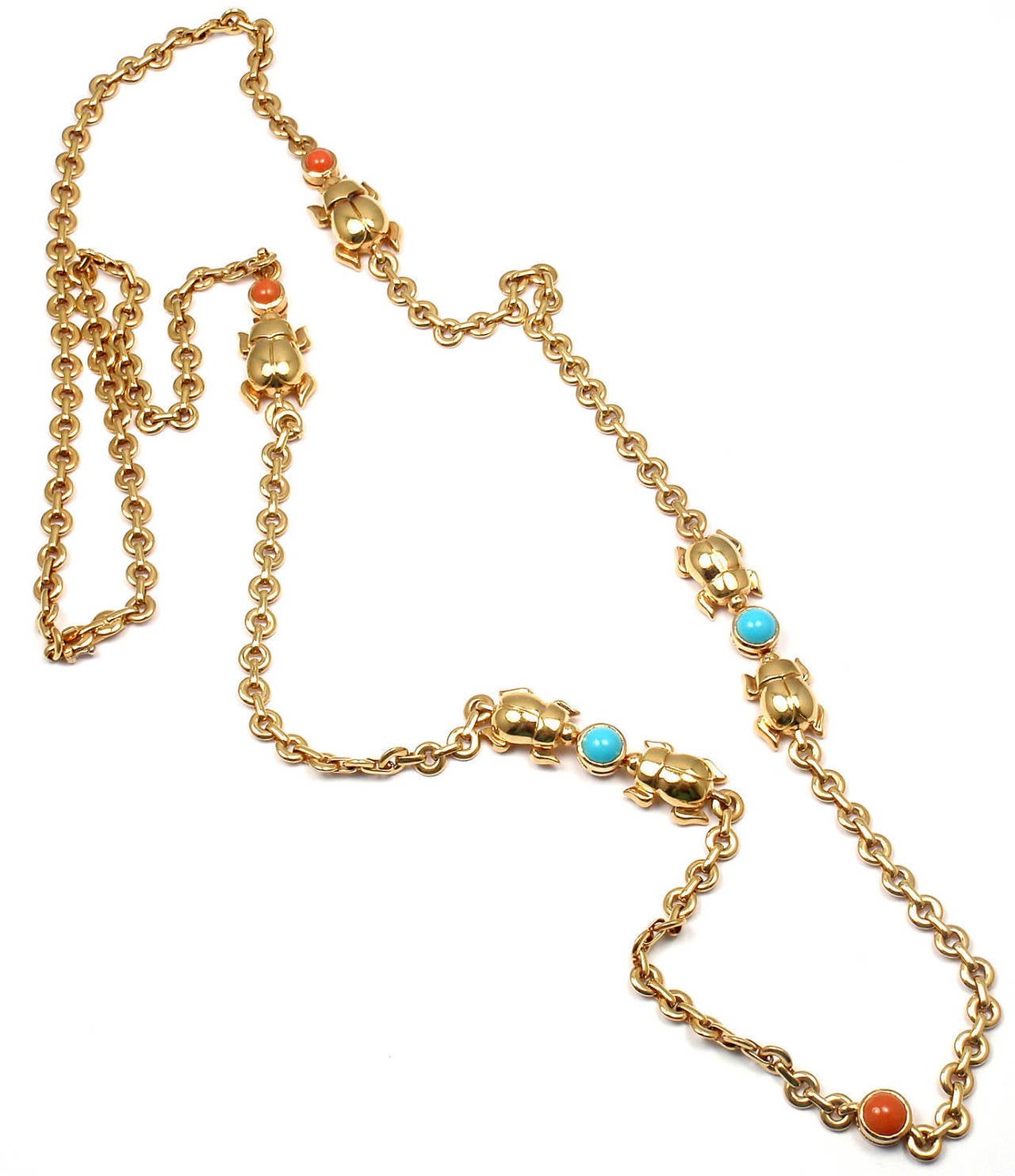 Cartier Turquoise And Coral Scarab Gold Link Necklace 2