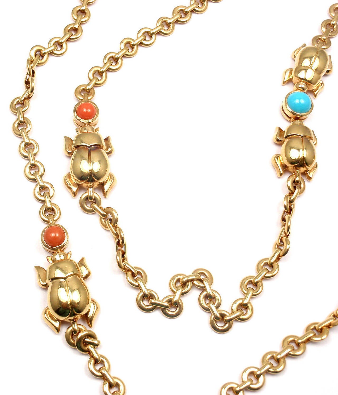 Cartier Turquoise And Coral Scarab Gold Link Necklace 3