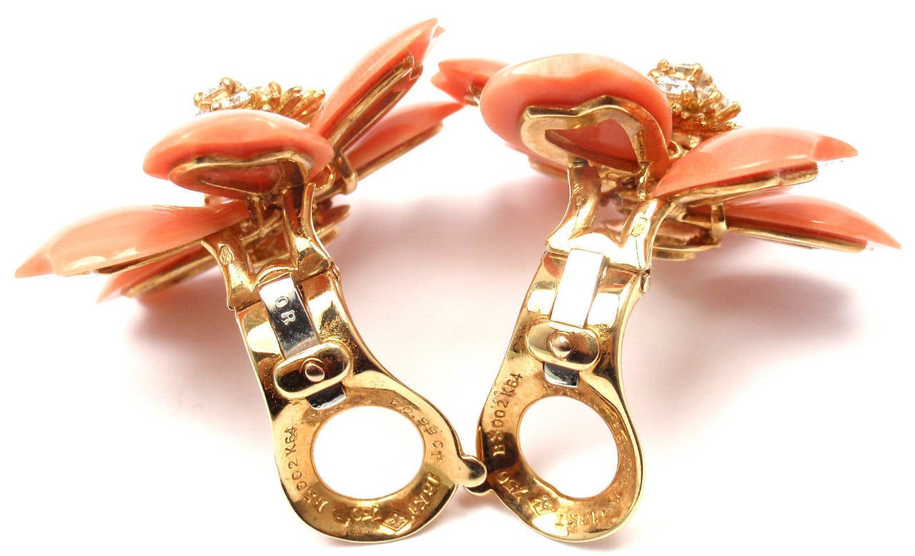 Van Cleef & Arpels Rose De Noel Coral Diamond Gold Earrings In New Condition In Holland, PA