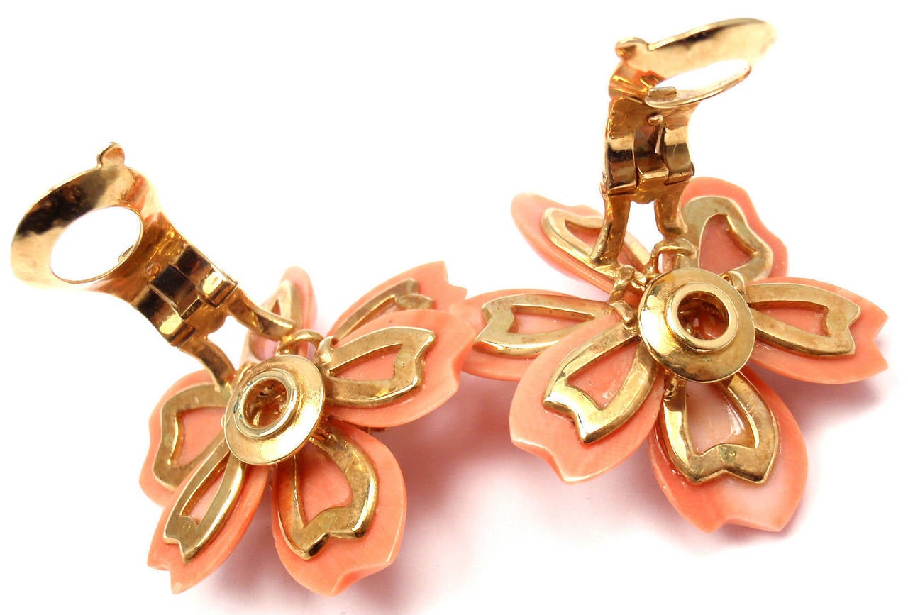 Women's Van Cleef & Arpels Rose De Noel Coral Diamond Gold Earrings