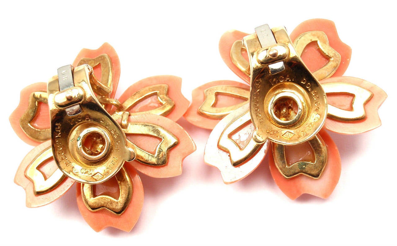 Van Cleef & Arpels Rose De Noel Coral Diamond Gold Earrings 1