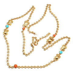 Retro Cartier Turquoise And Coral Scarab Gold Link Necklace