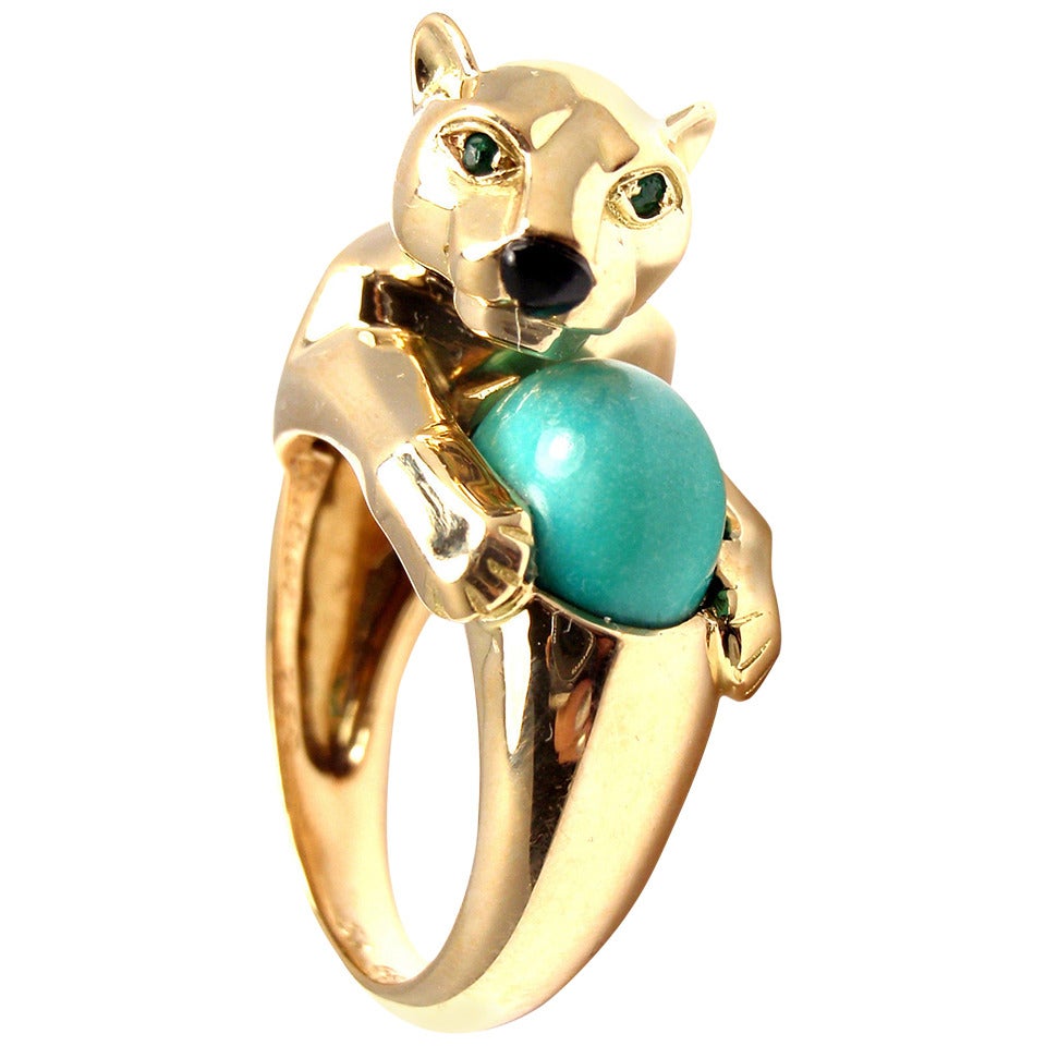 Cartier Onyx Turquoise Emerald Gold Panther Ring