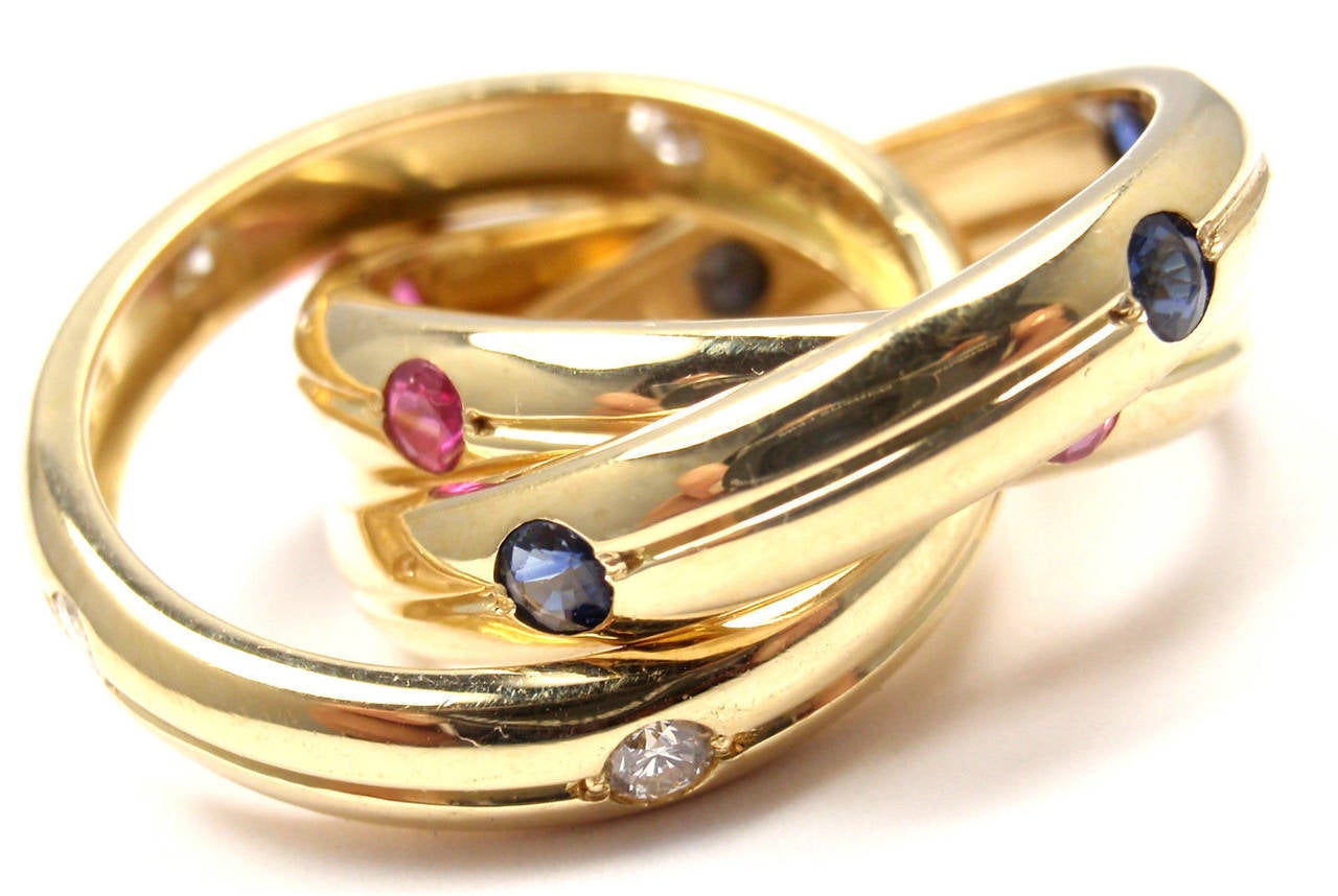 Cartier Trinity Ruby Sapphire Diamond Gold Band Ring 1