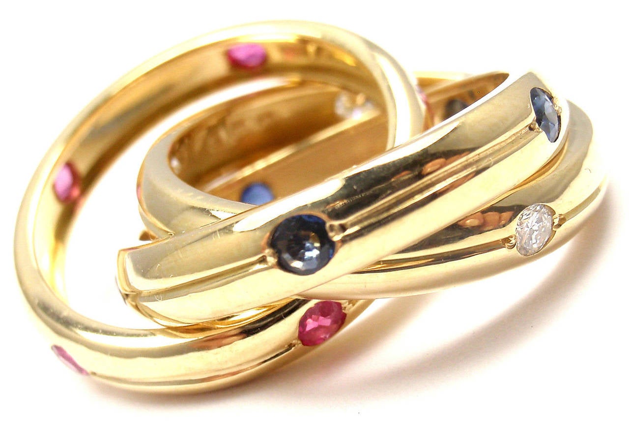 Women's Cartier Trinity Ruby Sapphire Diamond Gold Band Ring